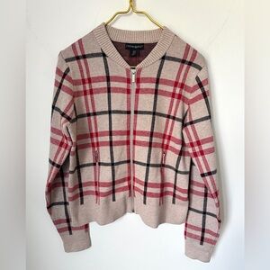 Cynthia Rowley Tan Red Plaid Soft Cozy Full Zip Sweater Jacket Women’s Sz Small